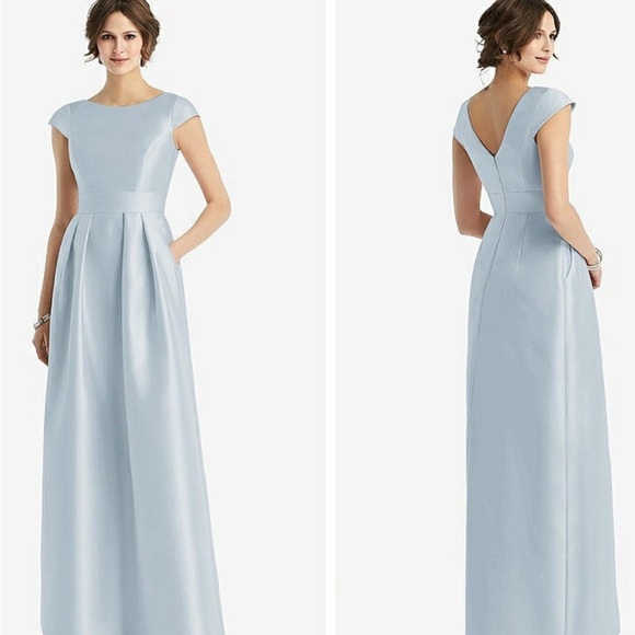 NWT Alfred Sung Satin Twill Mist Cap Sleeve Light Blue Dress Dessy Bridesmaid - Picture 1 of 11